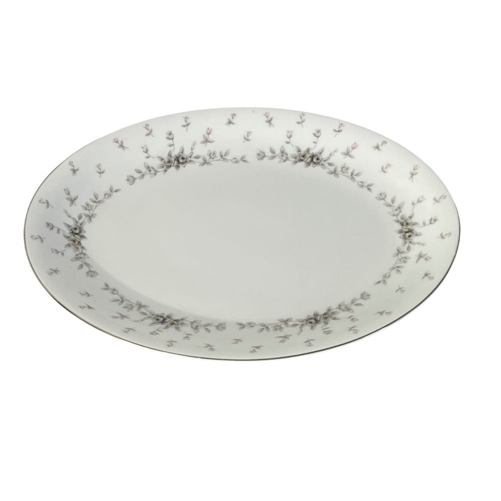 Queen Anne Nagoya Shokai Serving Platter Oval 9in White Gray Rose‎ Japan Vintage
